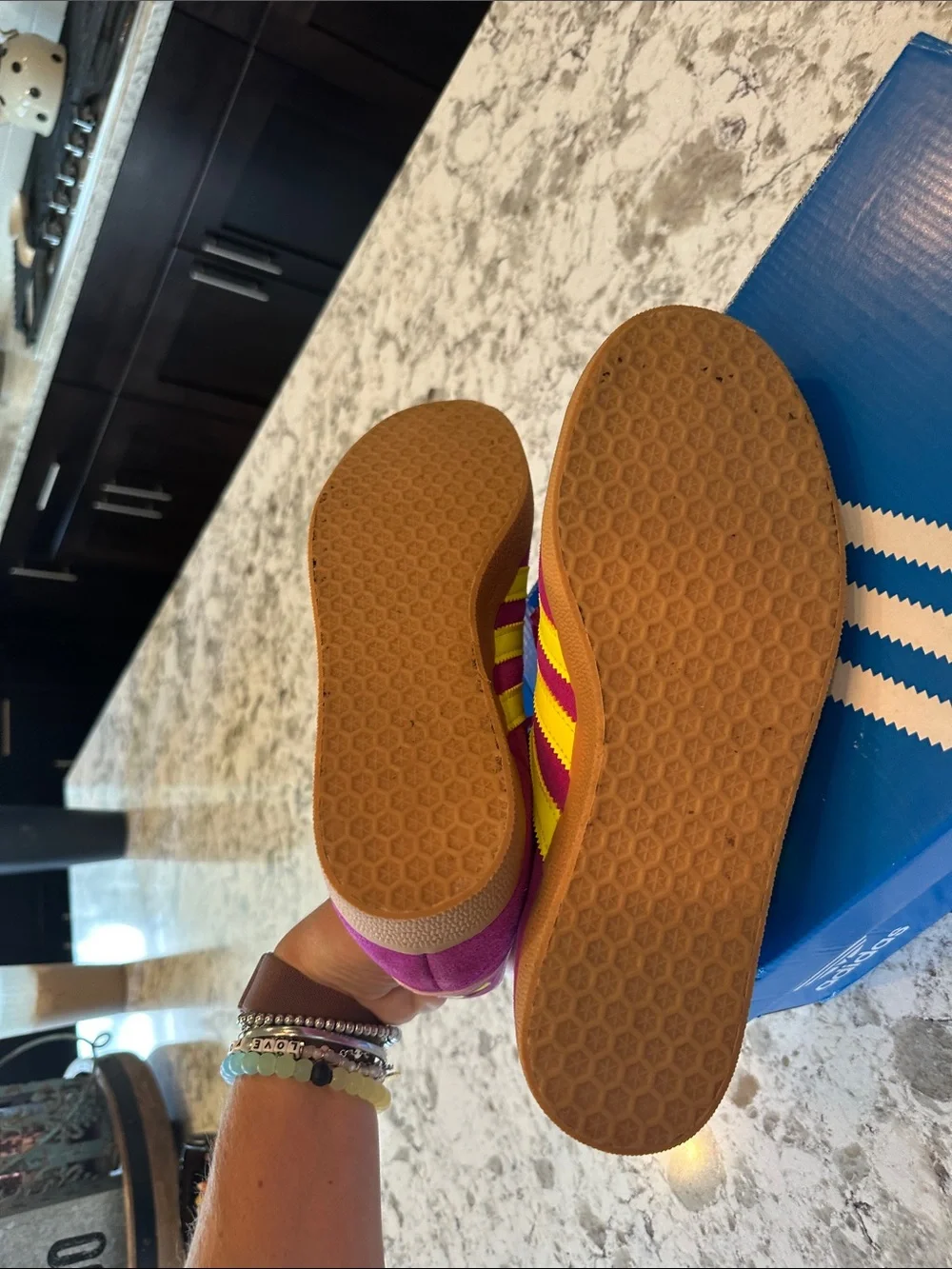 NWT Women’s Adidas Gazelle Sneakers in purple burst & solar yellow. Size 8.5